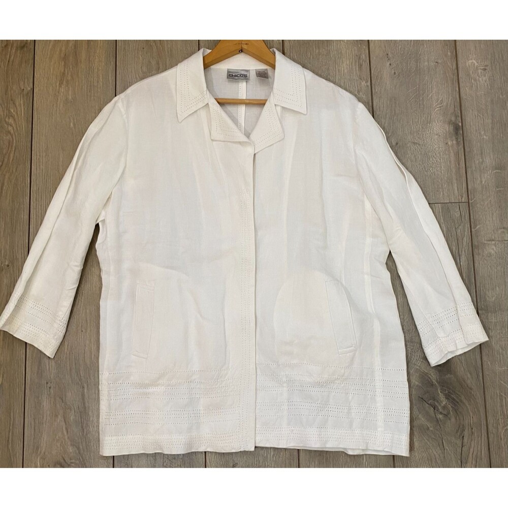 Chico's Linen Blend Button Front 3/4 Sleeves Jacket Size 2 Classic White Beachy